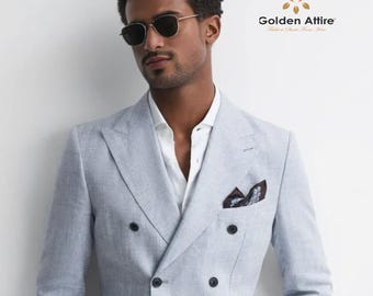 Sky Blue Linen Double-Breasted Suit, Customizable Tailoring Suit