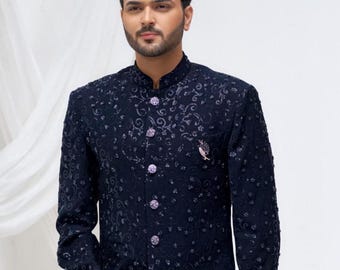 Blue Handwork Sherwani: Bollywood Groom Jodhpuri Suit