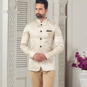 Cream Groom Jodhpuri Suit: Indian Wedding Outfit