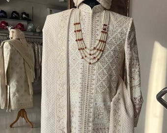Elegant Ivory Sherwani for Groom, Custom Outfit for Indian Wedding