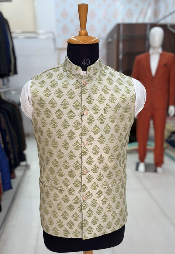 Sage Green Printed Nehru Jacket: Men's Modi Vest