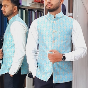 Printed Nehru Jacket for Men: Formal Modi Jacket, Wedding Groom Attire