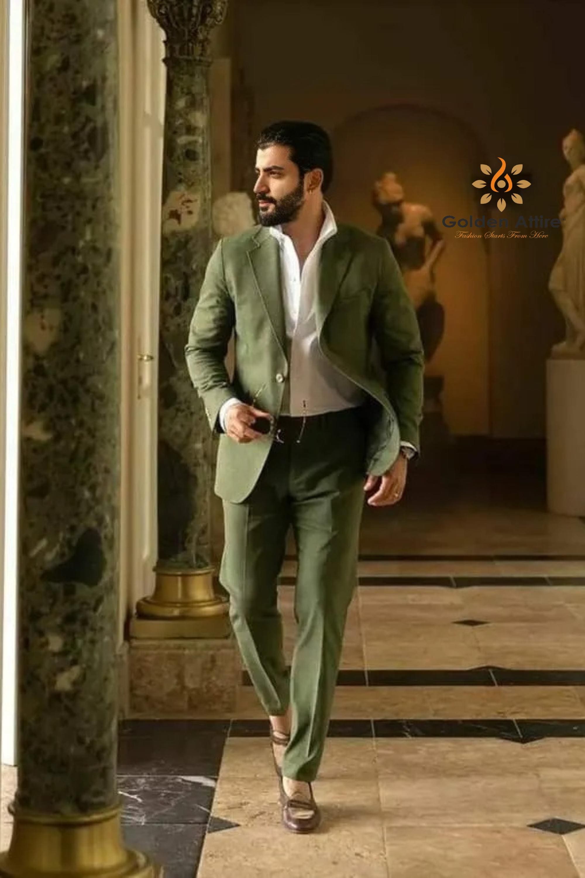 Custom Emerald Green Linen Groom Suit, Two-piece Breathable Wedding