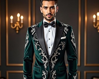 Traje de esmoquin de boda de terciopelo esmeralda, traje de novio con bordado de hilo y zardozi