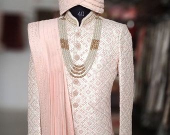 Charming Pink Sherwani, wedding Sherwani, premium sherwani, Groom Outfit, Groom Sherwani, Sherwani full set, Indian wedding Sherwani,