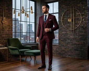 Burgundy Three Piece Suit, Custom Tailored Wedding Groom Attire