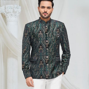 Green Paisley Jodhpuri Suit: Men&#39;s Indian Wedding Outfit