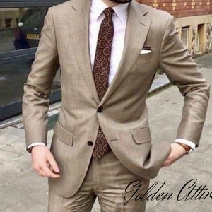 Beige Two-Piece Suit: Handmade Classic Wedding Groom Suit