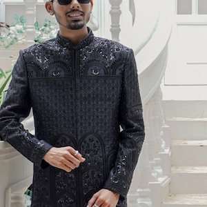 Black Rich Look Sherwani For Men, Groom Wedding Dress, Men Wedding Sherwani, Black Sherwani, Groom Outfit, Groom Sherwani, Royal Sherwani,