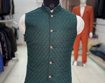 Emerald Green Velvet Nehru Jacket Set for Men, Custom Tailored Fusion Wear