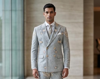 Ice Blue Double Breasted Luxury Wedding Suit for Men