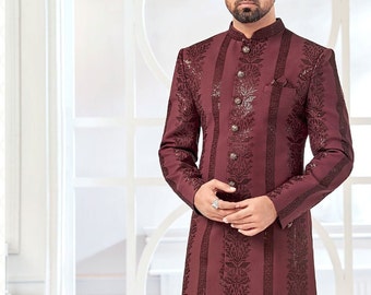 Elegant Sherwani For Men, Burgundy colour Sherwani, Groom Indo Western set, sherwani for groom, Wedding Sherwani, Groom Outfit, Sherwani Set