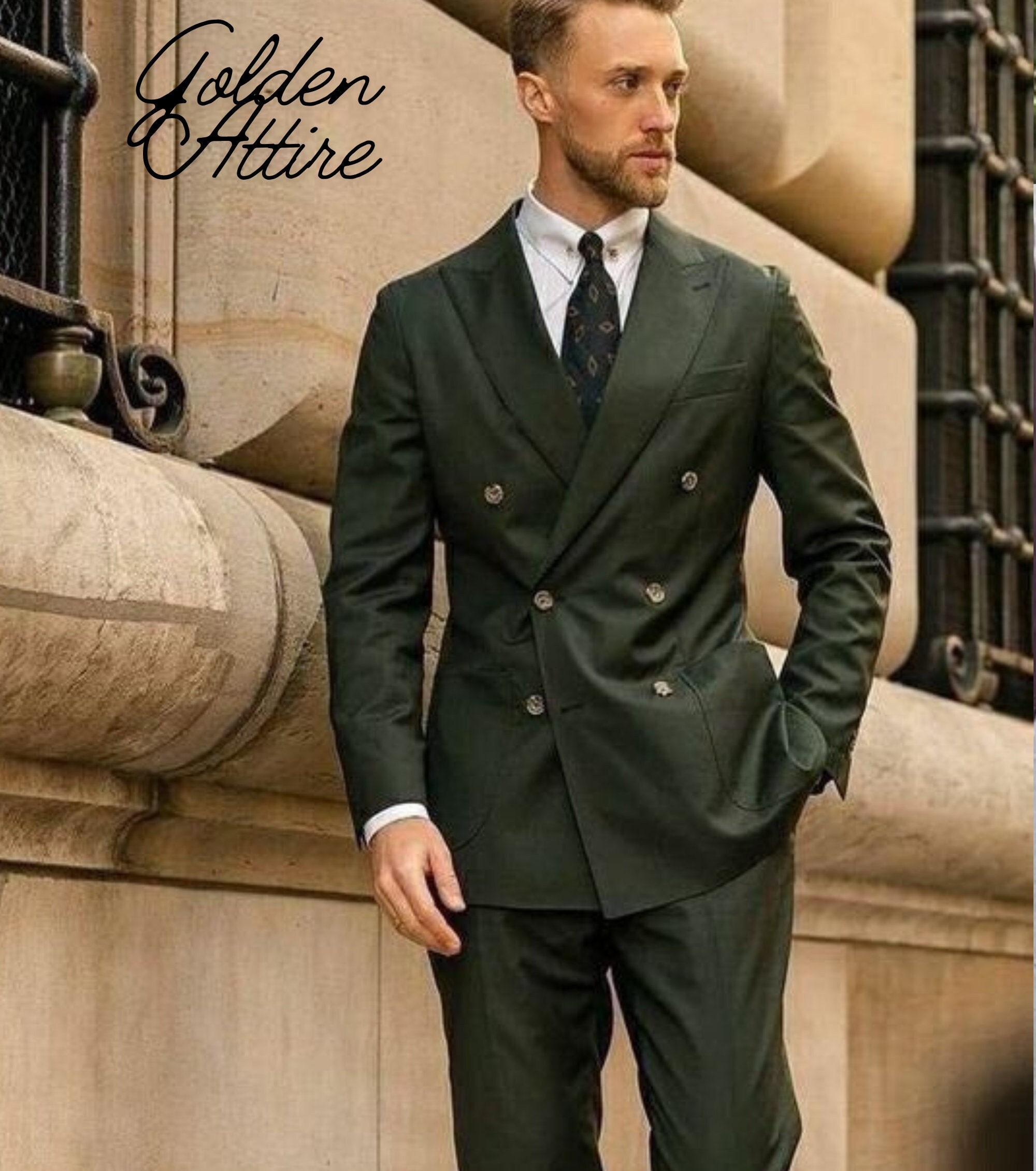 スーツ ADAMSON HOMME Double Breasted Suit Green Double Breasted Green Suit for Men, Wedding Wear Two Piece