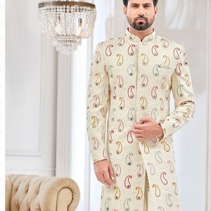 Ivory Paisley Sherwani for Groom: Indian Wedding Dress