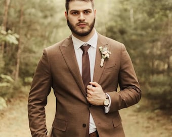 Chestnut Brown Tweed Groom Suit, Custom Two-Piece Wedding Suits, Cocoa Royale Wool Blend