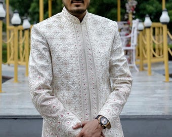Embroidered Sherwani, White Wedding Suit, Groom Outfit