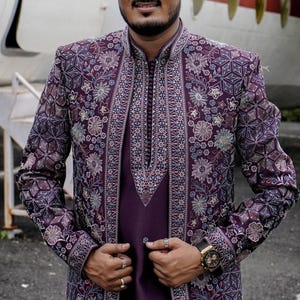 Purple Indo Western Sherwani: Indian Groom Outfit