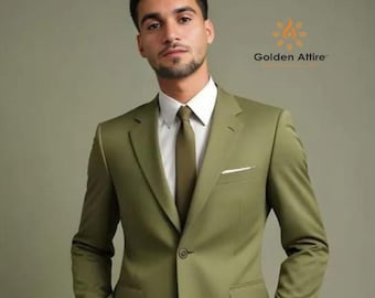 メンズオリーブグリーン3ピーススーツ：新郎と新郎の付添人の衣装