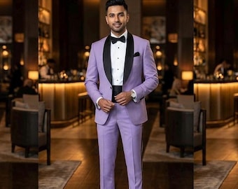 Traje de esmoquin lavanda para hombre, traje de graduación a medida en morado pastel