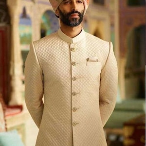 Handcrafted White Sherwani Groom Outfit: Indo Western Wedding Set