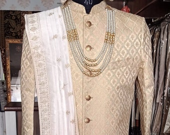 Ivory Wedding Sherwani, Groom Handcrafted Outfit, Indian Suit