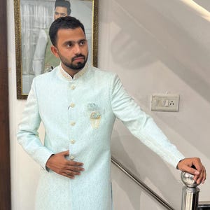 Powder Blue Indo Western Sherwani: Indian Groom Wedding Outfit