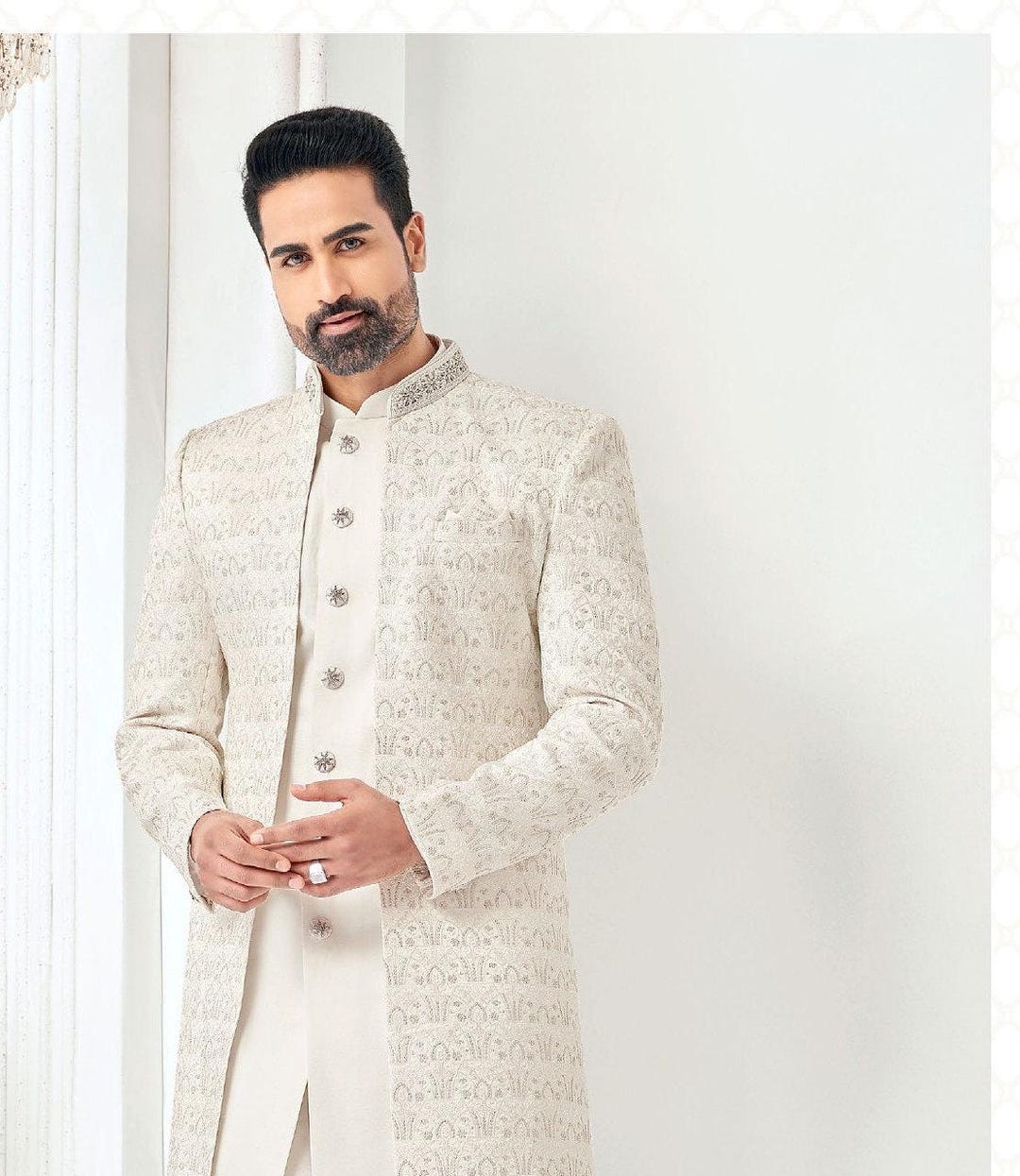 Buy Ivory Sherwani, Groom Wedding Outfit, Shrug Style Online in India