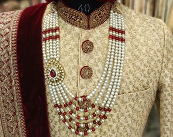 Collar Sherwani para novio indio, Kantha con cuentas de perlas y piedras