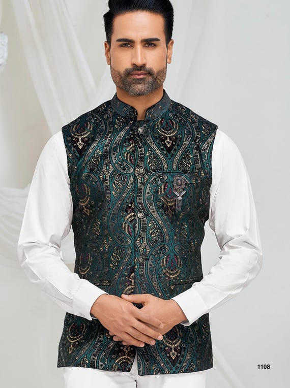Green Nehru Jacket for Men Printed Jacket Modi Jacket for Men Wedding Jacket Indian Wedding Waistcoat Groom Kurta Jacket Men Koti Etsy Canada