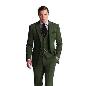 Green wool Tweed herringbone Stylish Luxury Premium Man Suit, Wedding Wear 3 Piece Suit, Groom wore two button, vintage suit, Bespoke Suit,