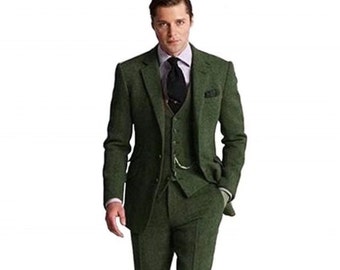 Abito da uomo Premium di lusso elegante in tweed di lana verde a spina di pesce, abito da sposa in 3 pezzi, lo sposo indossava due bottoni, abito vintage, abito su misura,