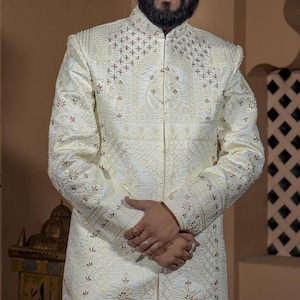 Superb Cream Sherwani For Men, Thread Embroidered Sherwani, wedding Sherwani, premium sherwani, Indo Western set, wedding suit, Groom Outfit