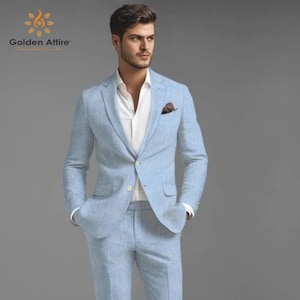 Sky Blue Linen Two-Piece Suit: Summer Wedding, Prom