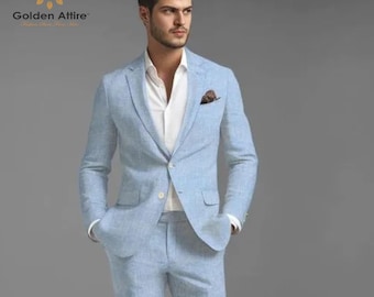 Sky Blue Linen Two-Piece Suit, Summer Wedding, Prom
