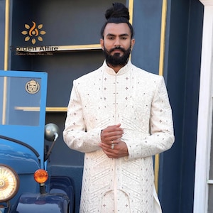 Ivory Art Silk Sherwani with Zardozi Embroidery - Indian Groom Wedding Outfit