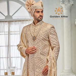 Latest Indian sherwani for group, wedding Sherwani, premium sherwani, Groom Outfit, Groom Sherwani, Sherwani full set, Indian wedding dress,