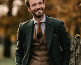 Hunter Green Tweed Wedding Suit, Brown Waistcoat, Wool Groom Attire