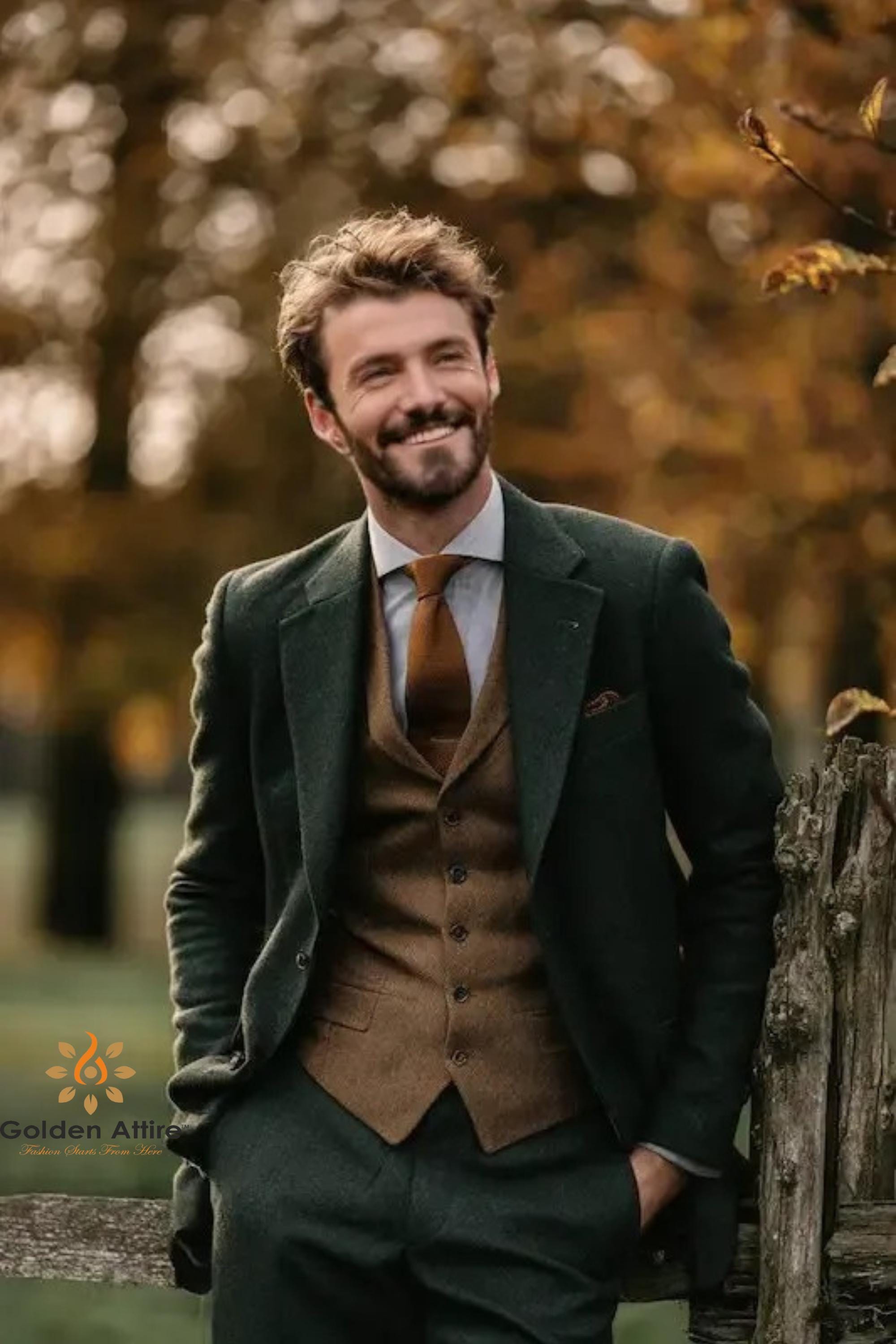 Hunter Green Tweed Wedding Suit, Brown Waistcoat, Wool Groom Attire