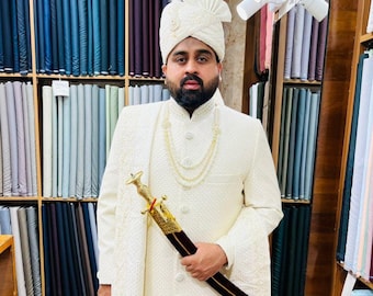 Off-White Groom Sherwani, Embroidered Indian Wedding Attire, Customizable Fit