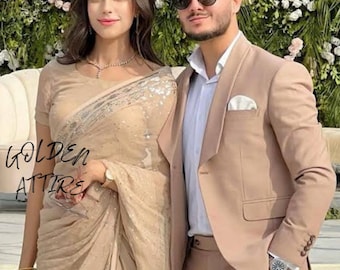 Beige tweedelig pak, luxe trouwkostuum, galajurken