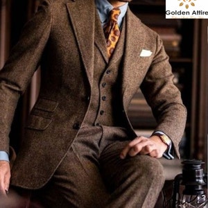 Traje elegante de color óxido para hombre, trajes de lujo premium para hombre, traje de boda étnico vintage de 3 piezas, el novio llevaba un traje de color óxido de dos botones, tela de tweed