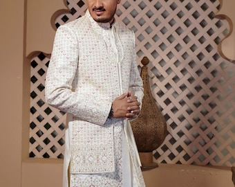 Elegant White Sherwani, Handcrafted Indian Groom Suit