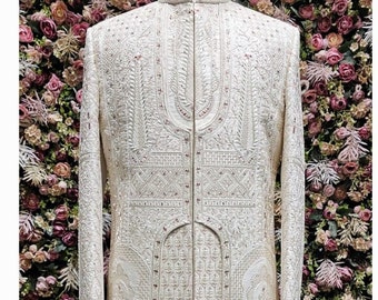 Ivory Embroidered Sherwani for Men, Indian Wedding Outfit