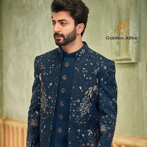 Peacock Blue Embroidered Indo-Western Sherwani: Groom Reception Outfit