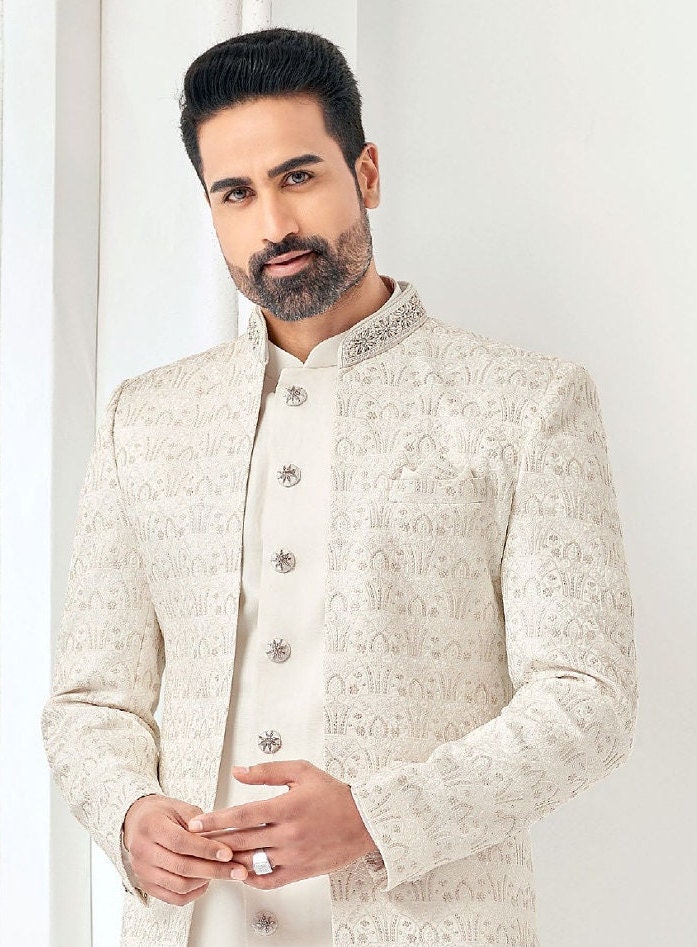 Wedding Sherwani for Groom in Ivory Matka Silk main image 0