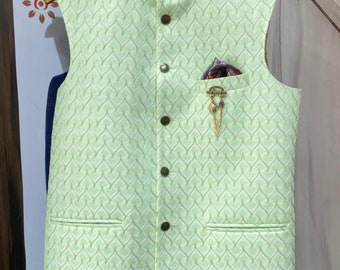 Green Printed Nehru Jacket: Men's Modi Vest, Formal Wedding Attire