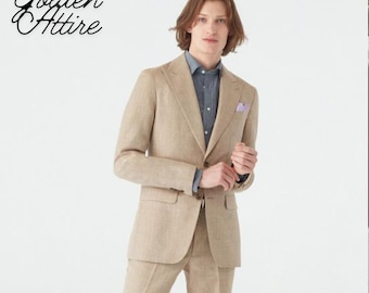 Beige Linen Suit: Slim Fit Two-Piece Wedding Suit
