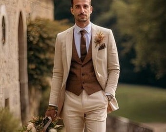 Trajes para hombre, Traje crema, Trajes de hombre Trajes de 3 piezas, Trajes de 2 botones, Trajes de cena, Traje de boda, Trajes de novio, Trajes a medida, regalo para hombres,