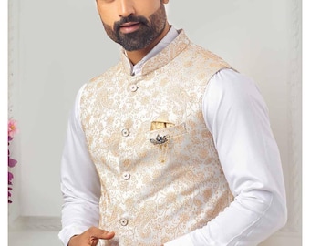 Custom Fit Ivory Gold Floral Waistcoat for Men, Wedding Bundi Nehru Jacket