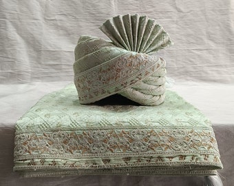 Sage Green Wedding Turban & Shawl Set: Indian Groom Safa